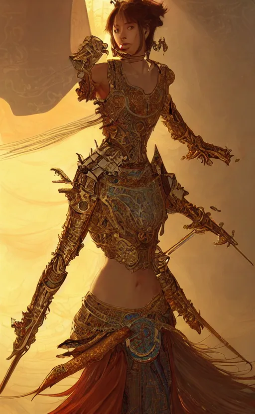 Image similar to portrait sword knights of zodiac girl, golden and copper shining armor, bushido, in ruined agora of athens sunrise, ssci - fi and fantasy, intricate and very very beautiful and elegant, highly detailed, digital painting, artstation, concept art, smooth and sharp focus, illustration, art by tian zi and wlop and alphonse mucha