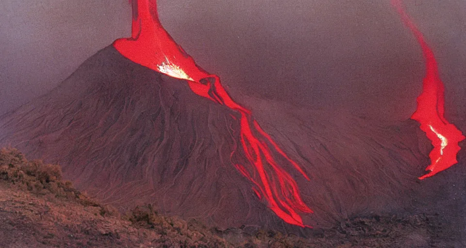 Image similar to a volcano made of ivory vines and crimson rocks enters in eruption, it spits a smoke in the shape of demonic eye, by James Gurney