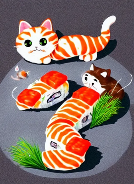 Image similar to clear photorealistic picture of adorable cats made out of sushi