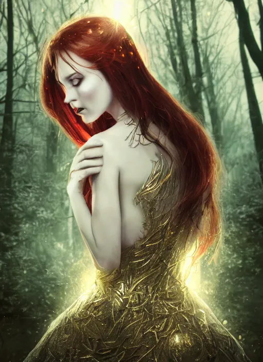 Prompt: glowing silver and golden elements, head and shoulder portrait, young female model from shutterstock as a evil witch, book cover, green forest, white moon, red lips, establishing shot, extremly high detail, photo-realistic, cinematic lighting, pen and ink, intricate line drawings, by Yoshitaka Amano, Ruan Jia, Kentaro Miura, Artgerm, post processed, concept art, artstation, matte painting, style by eddie, raphael lacoste, alex ross