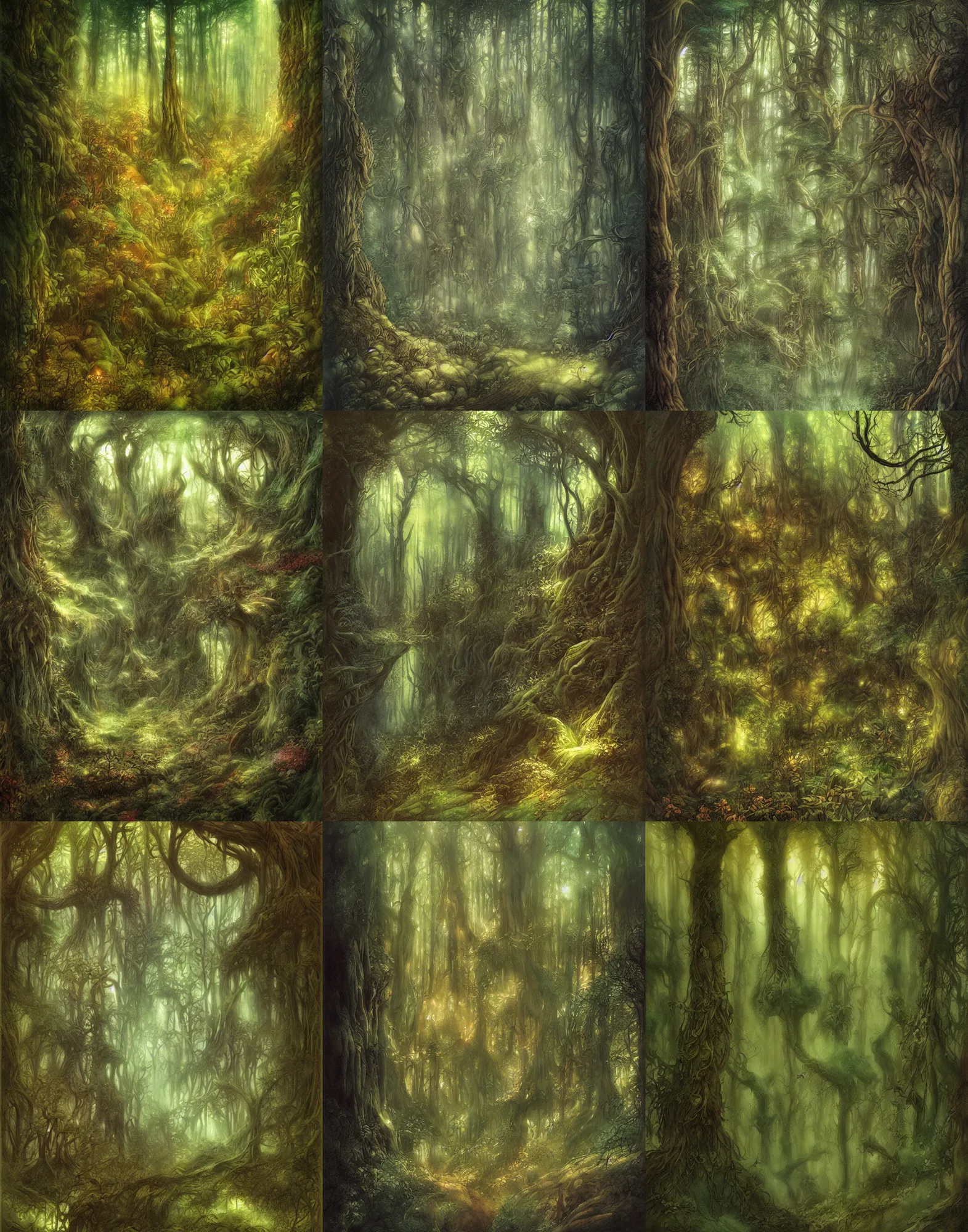 Prompt: painting of a forest by Tony Diterlizzi and Brian Froud, cinematic, breathtaking, beautiful composition, volumetric lighting, painterly