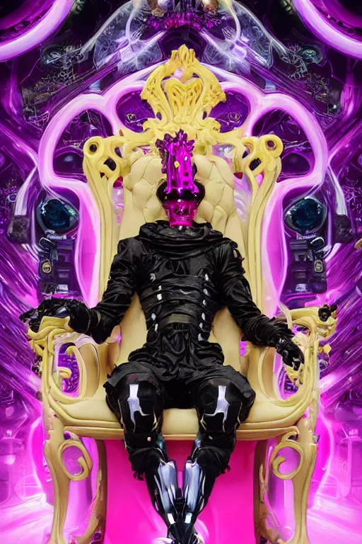 Prompt: full-body rococo and cyberpunk style neon statue of a young attractive pale blond male android reclining in a netrunner chair, glowing magenta laser eyes, prince crown of black gears, onyx, swirling gold-colored silk fabric. futuristic elements. full-length view. space robots. human skulls. intricate artwork by caravaggio. Trending on artstation, octane render, cinematic lighting from the right, hyper realism, octane render, 8k, depth of field, 3D