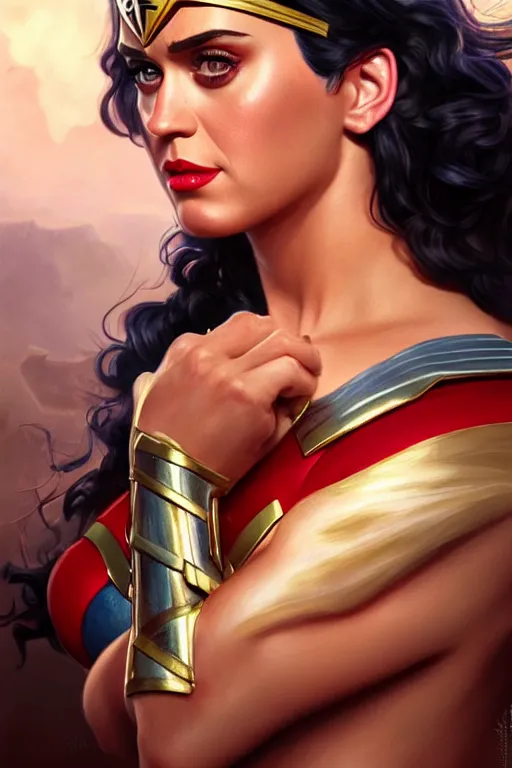 Image similar to katy perry as wonder woman, realistic portrait, symmetrical, highly detailed, digital painting, artstation, concept art, smooth, sharp focus, illustration, cinematic lighting, art by artgerm and greg rutkowski and alphonse mucha