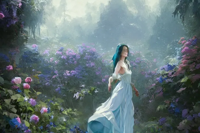 Image similar to a beautiful painting of blue roses garden, girl, by greg rutkowski, trending on artstation