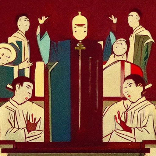 Prompt: a realistic oil painting of baby priest giving orders to its congregation of followers. art deco style mixed with retro japanese book art
