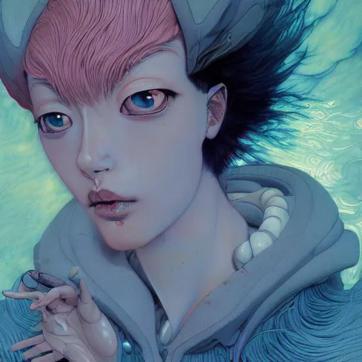 Image similar to prompt : wierd character portrait soft light painted by james jean and katsuhiro otomo and erik jones, inspired by evangeleon anime, smooth face feature, intricate oil painting, high detail illustration, sharp high detail, manga and anime 1 9 9 9