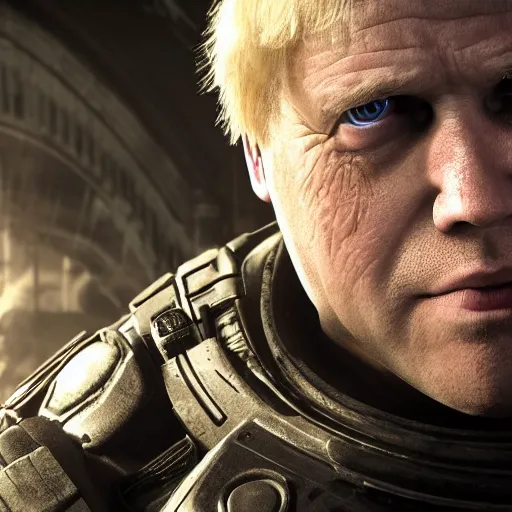 Image similar to Boris Johnson in 'Gears of War', splash art, movie still, cinematic lighting, detailed face, dramatic, octane render, long lens, shallow depth of field, bokeh, anamorphic lens flare, 8k, hyper detailed, 35mm film grain