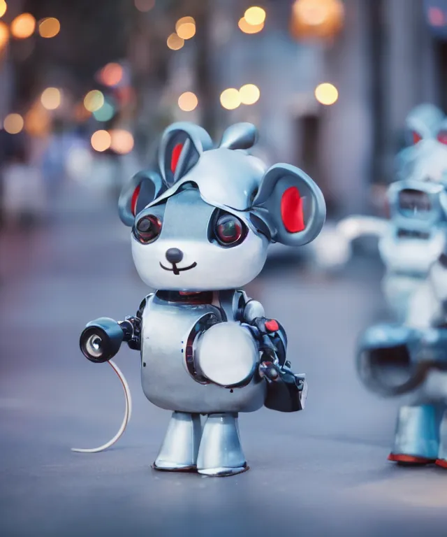 Image similar to high quality presentation photo of cute robot anthropomorphic mice, photography 4k f1.8 anamorphic bokeh 4k Canon Nikon