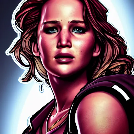 Image similar to jennifer lawrence portrait, borderlands, tales from the borderlands, the wolf among us, comic, cinematic lighting, studio quality, 8 k