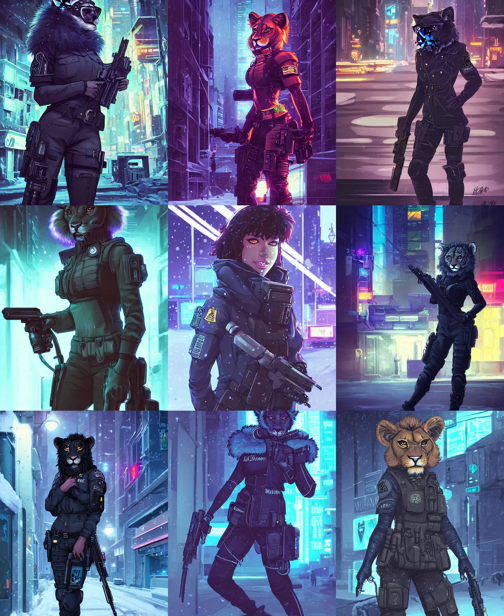 Image similar to beautiful furry art portrait commission of a female furry anthro lioness fursona wearing a tactical cyberpunk swat uniform in the streets of a cyberpunk city at night in the snow. neon light. character design by charlie bowater, ross tran, artgerm, and makoto shinkai, detailed, inked, western comic book art