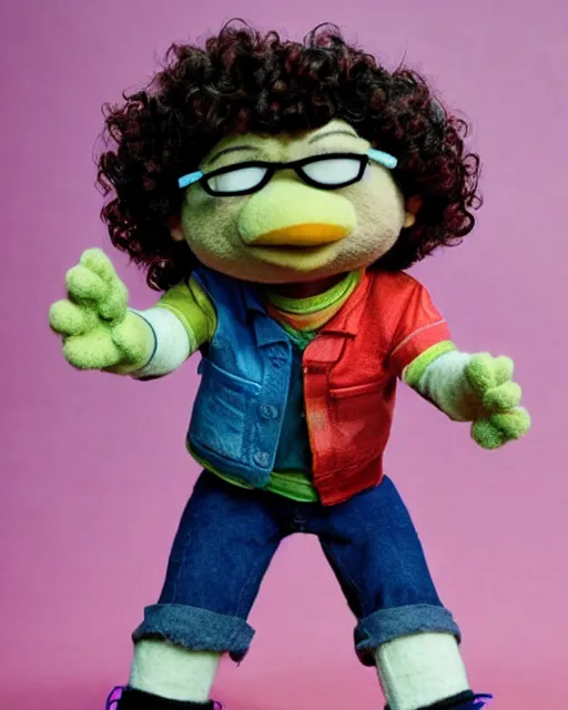 Image similar to dustin henderson gaten matarazzo as a muppet. highly detailed felt. hyper real photo. 4 k.