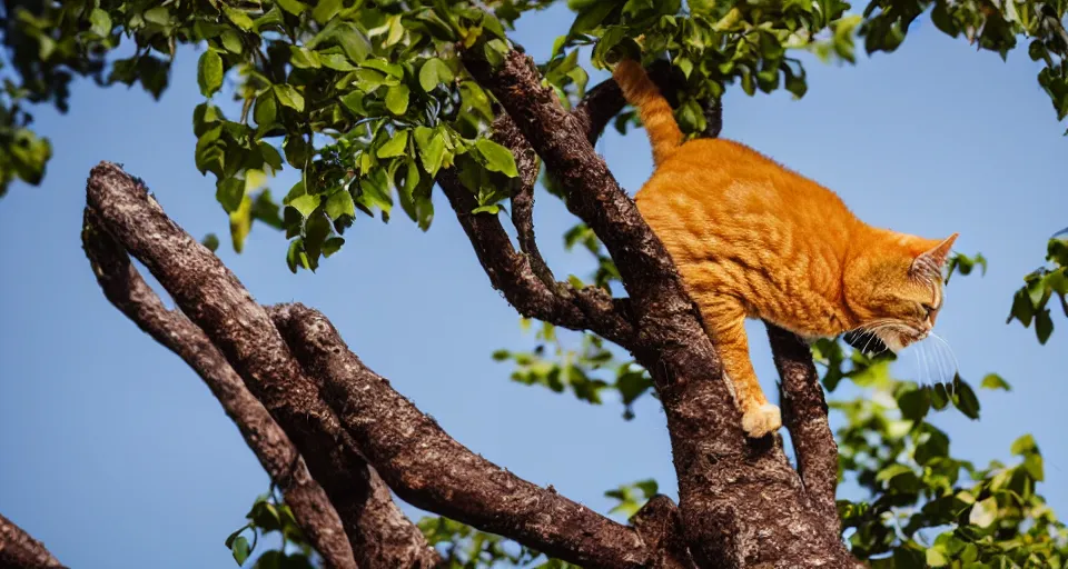 Prompt: yellow cat on a tree branch eating bananas, dslr, 4k, telephoto, f1.8, shallow depth of field