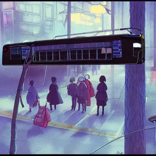 Image similar to dark city bus stop, painting by Hayao Miyazaki,ArtStation