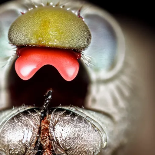 Image similar to a macro photograph of a fly sticking it's tongue out