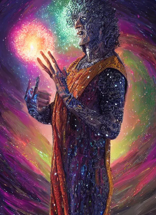 Prompt: high intricate digital paint of the sandman holding a glimmering galaxy, full shot, neil gaiman, maria panfilova, andrea savchenko, mike kime, ludovic plouffe, qi sheng luo, oliver cook, julian calle, eddie mendoza, trending on artstation