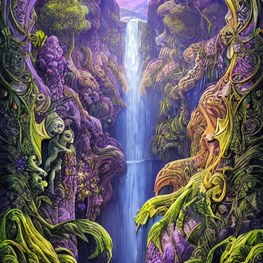 Image similar to waterfall panoramic lush art nouveau rich matte painting weird ornate by alex grey, antoni gaudi, m. c. escher, tomasz alen kopera, arthur adams, moebius, andreas rocha, lisa frank