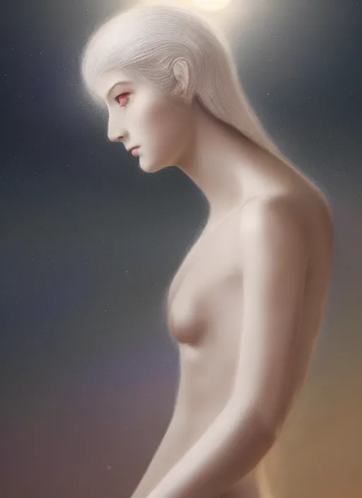 Image similar to beatifull pale wan woman, feminine goddes, side view, lit only by the moonlight, silver hair!!, style of fernand khnopff and lucien levy - dhurmer, 4 k resolution, aesthetic!,