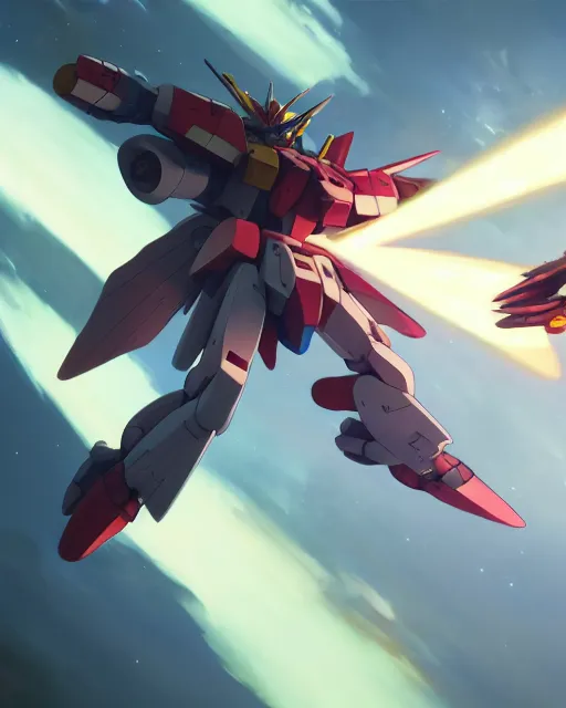 Image similar to highly detailed vfx portrait of a gundam with wings of feathers beam saber fighting in space with a beam gun, unreal engine, greg rutkowski, loish, rhads, beeple, makoto shinkai and lois van baarle, ilya kuvshinov, rossdraws, tom bagshaw, alphonse mucha, global illumination, detailed and intricate environment