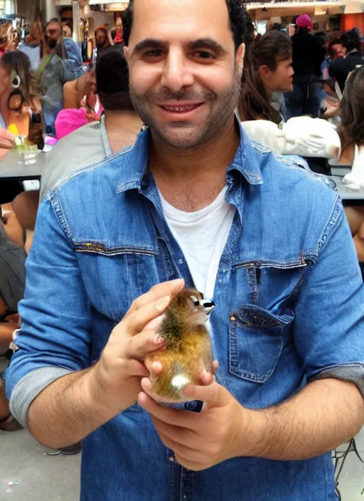 Prompt: eyal golan holding a hamster