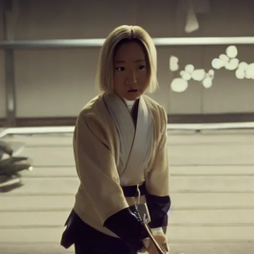 Image similar to film still of saitama from kill bill