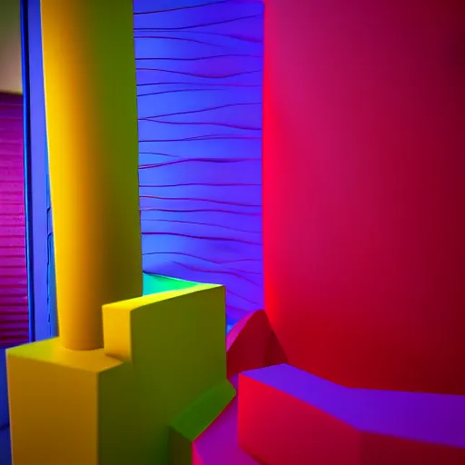 Image similar to : colorful abstract melty sculpture on the wall in modern architecture, cinematic lighting, hyper - realistic, detailed, render by c 4 d octane, unreal engine, 8 k 3 d render