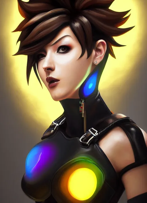 Prompt: oil painting digital artwork of tracer overwatch, confident pose, wearing black iridescent rainbow latex, 4 k, expressive happy smug expression, makeup, in style of mark arian, wearing leather collar, wearing sleek armor, black leather harness, expressive detailed face and eyes,