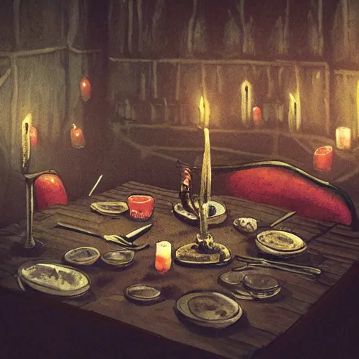 Image similar to “an 8k hi definition super detailed photorealistic picture of a vampire in a dungeon setting sitting at a banquet table full of plates of rats and spiders with red candles”