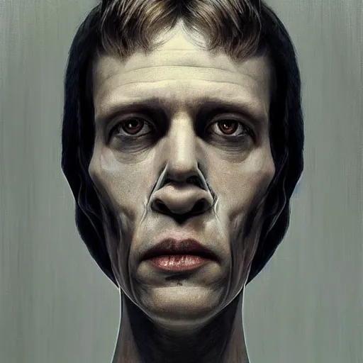 Image similar to surreal portrait of a man by Greg Rutkowski and H.R Giger, symmetrical face, he is about 30 years old, west slav features, short blonde hair with bangs, attractive, smart looking, slim, somewhat androgenic, transformed into a kind of biomechanical transhuman god, disturbing, terrifying but fascinating, with a determined and sinister expression on his face, cosmic void background, frightening, fascinating, highly detailed portrait, digital painting, book cover, artstation, concept art, smooth, sharp foccus ilustration, Artstation HQ