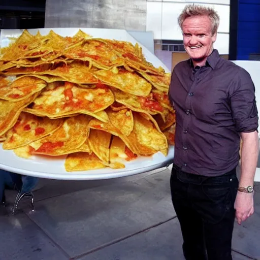 Image similar to < photo hd trending funny > gordon ramsey exudes joy from seeing an incredibly oversized plate of nachos < photo >