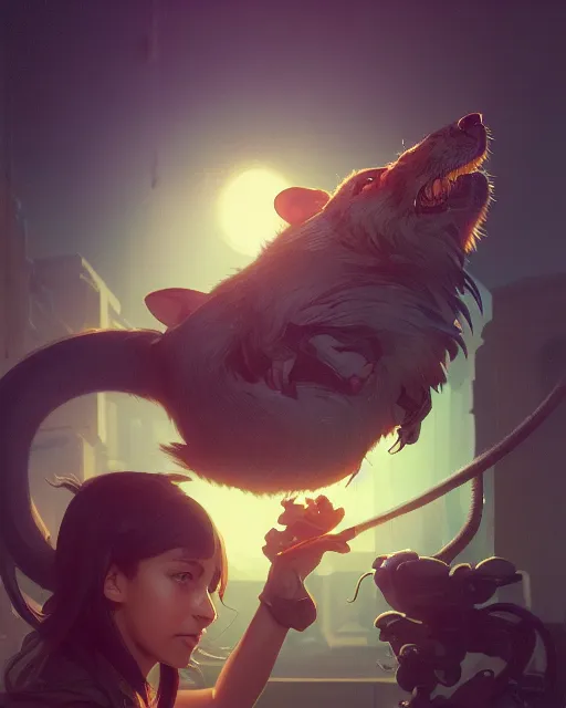 Image similar to highly detailed vfx portrait of a rat, unreal engine, greg rutkowski, loish, rhads, beeple, makoto shinkai and lois van baarle, ilya kuvshinov, rossdraws, tom bagshaw, alphonse mucha, global illumination, detailed and intricate environment