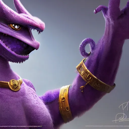 Prompt: figment the purple dragon from disney as a anthropomorphic human, furry, realistic, 4 k photo, beautiful, award winning, 4 k, greg rutkowski