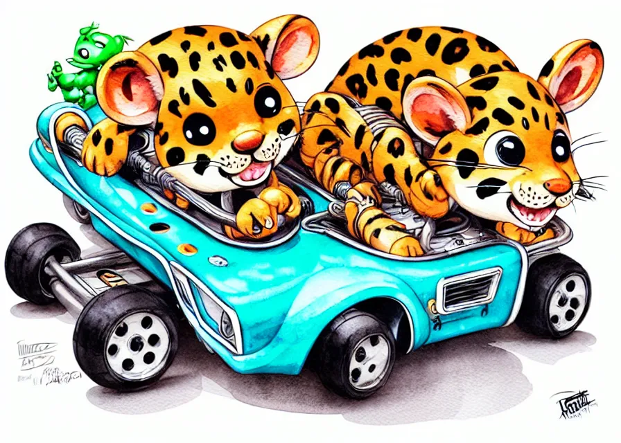 Image similar to cute and funny, baby leopard riding in a tiny go kart with oversized engine, ratfink style by ed roth, centered award winning watercolor pen illustration, isometric illustration by chihiro iwasaki, edited by range murata, tiny details by artgerm and watercolor girl, symmetrically isometrically centered