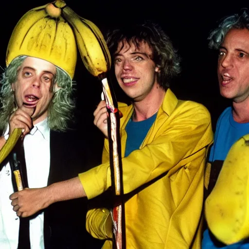 Prompt: bob geldof boomtown rats holding banana microphone, with banana costumed background singers, concert photo, getty images,