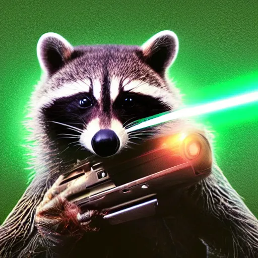 Image similar to racoon holding a laser gun, digital art , centred award winning 4K