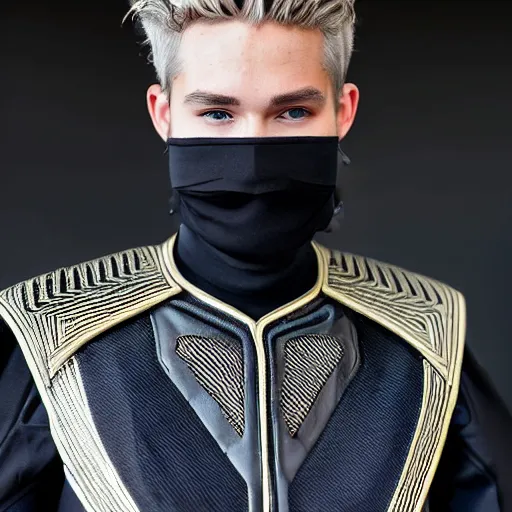 Image similar to medium face shot of adult Austin Butler dressed in futuristic-tudoresque black-prussian blue garb with embroidered-Ram-emblem, and nanocarbon-vest, in an arena in Dune 2021, XF IQ4, f/1.4, ISO 200, 1/160s, 8K, face in-frame