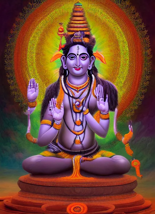 Image similar to digital visionary painting, hindu art, masterpiece, lord shiva creates the world with his primordial om, realistic, highly detailed, post produced, realistic, octane render, glowing colors