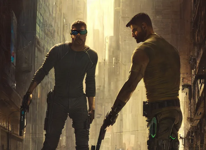 Prompt: cyberpunk sam fisher knocking out a guard ( blade runner 2 0 4 9, dystopian, cyberpunk 2 0 7 7 character design ). orientalist portrait by john william waterhouse and james gurney and theodore ralli and nasreddine dinet, oil on canvas. cinematic, hyper realism, realistic proportions, dramatic lighting, high detail 4 k