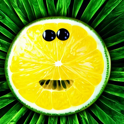 Image similar to lemon with a face, jeffrey bezos eyes nose and mouth on the side of a lemon, abstract photo