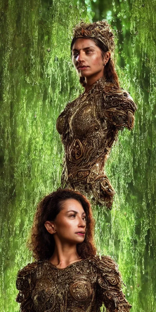 Prompt: full shot of a regal brown woman wearing an intricate and detailed armor made of dew drops. woman is standing in a lush green forest. multiple layers. reflections. morning dew. textures. delicate. translucent. extremely coherent. studio portrait. photorealistic. octane render