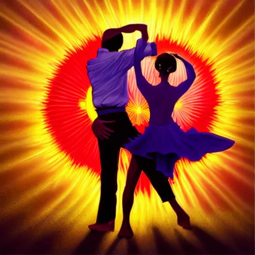 Image similar to The sun is exploding while Latino Cubans Dancers Salsa Dancing by Stanley Artgerm Lau, sun exploding on the background, Gesture draw, Salsa Social Dance, couple, lady using yellow dress, guy using the purple fancy suit, Salsa tricks, explosive background, WLOP, Rossdraws, Gesture draw, James Jean, Andrei Riabovitchev, Marc Simonetti, and Sakimichan, trending on artstation