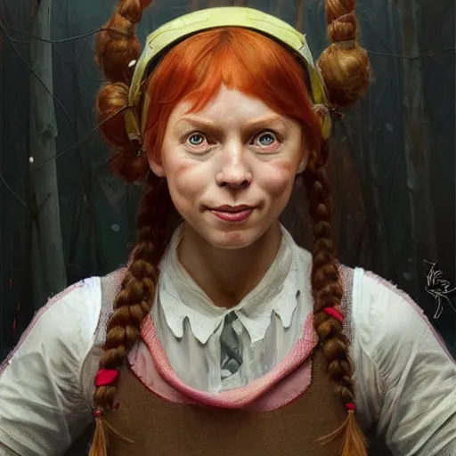 Image similar to portrait of pippi longstocking, looking at camera, intricate, extremely detailed, digital painting, artstation, concept art, smooth, ambient lighting, art by artgerm and greg rutkowski and alphonse mucha and simon stalenhag