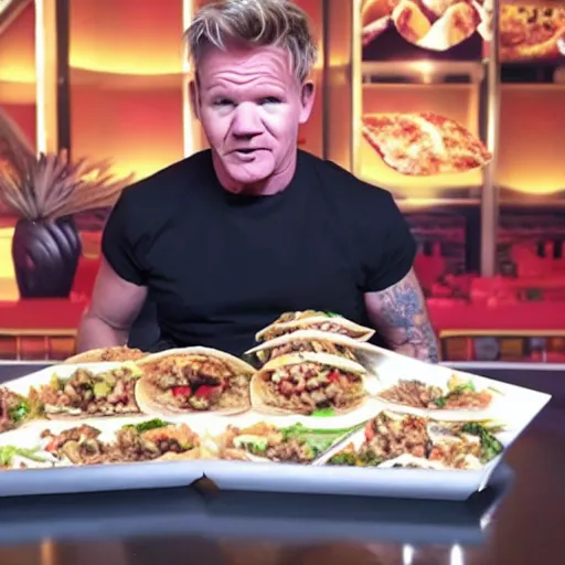 Prompt: Gordon Ramsay eating an absurd amount of Taco Bell