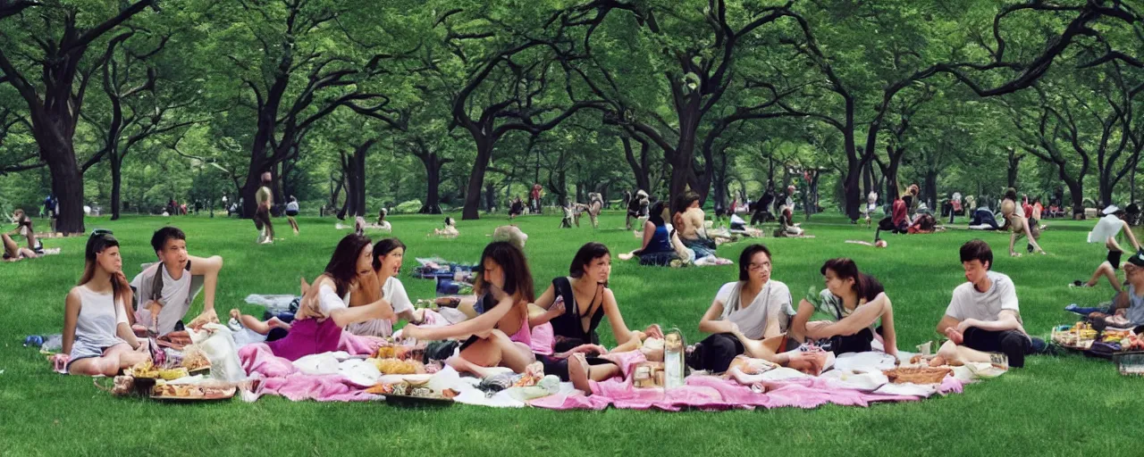 Image similar to a young generation z group of friends having a picnic in a central park manhattan new york on friday mid - summer of 2 0 2 2, in the style of an edward hopper painting