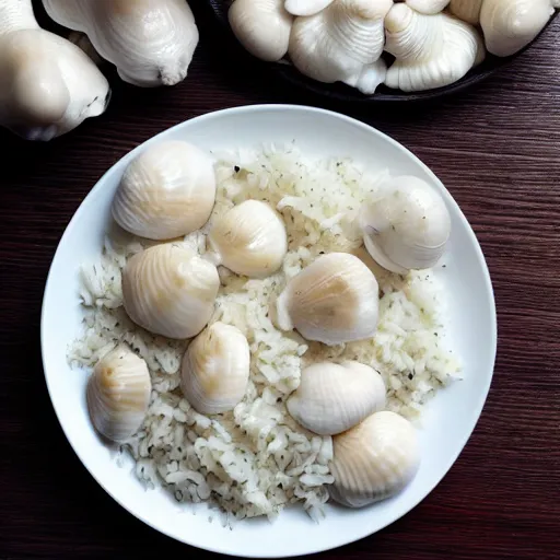 Prompt: a plate of white rice snails chicken rabbits and snakes