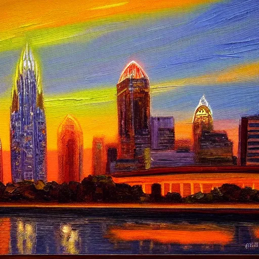 Prompt: vivid oil painting of a the skyline of Charlotte North Carolina at dusk by a French impressionist