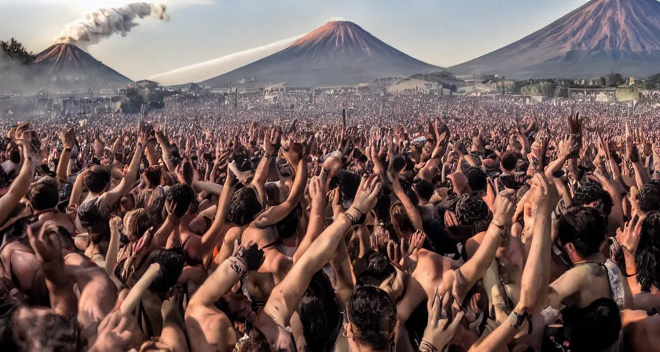 Image similar to mosh pit at edm music festival in pompeii while mount vesuvius is erupting, fresco