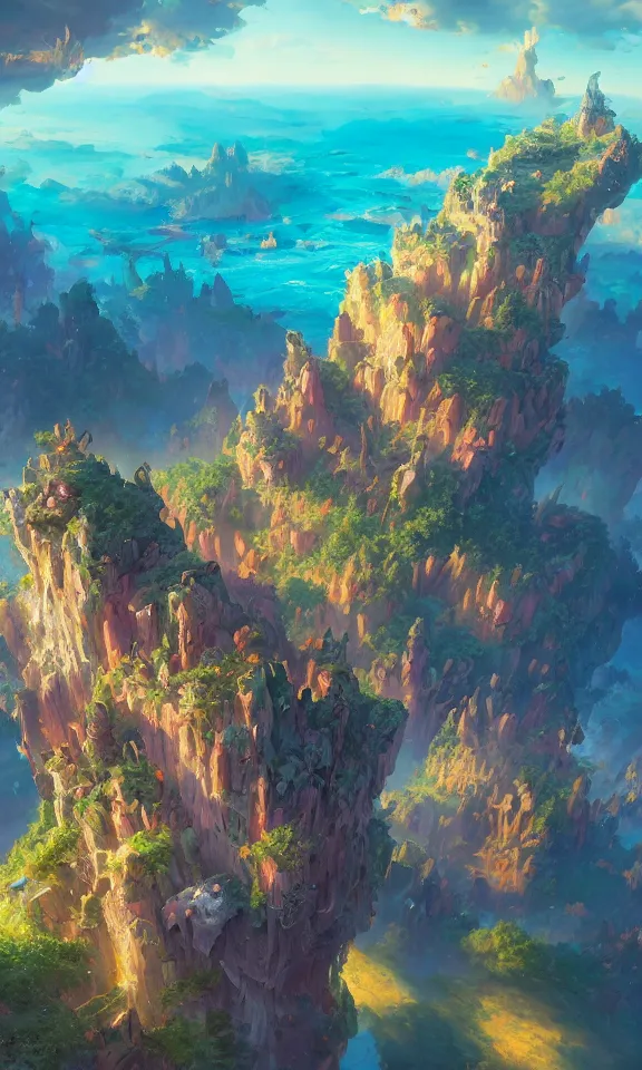 Prompt: sky islands, highly detailed, magic fantasy, digital art, vibrant colors, keyframe illustration, trending on artstation, andreas rocha, sylvain sarrailh, darek zabrocki, finnian macmanus, dylan cole, liang mark, albert bierstadt, sung choi, peter mohrbacher, greg rutkowski