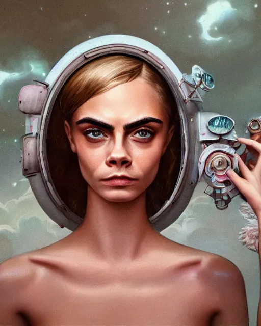 Image similar to closeup face profile portrait of cara delevingne as a soviet chernobyl space toy, bikini, depth of field, zeiss lens, detailed and intricate environment, fashion photoshoot by nicoletta ceccoli, mark ryden, lostfish, breathtaking, 8 k resolution, artistic, hyperrealistic, octane render