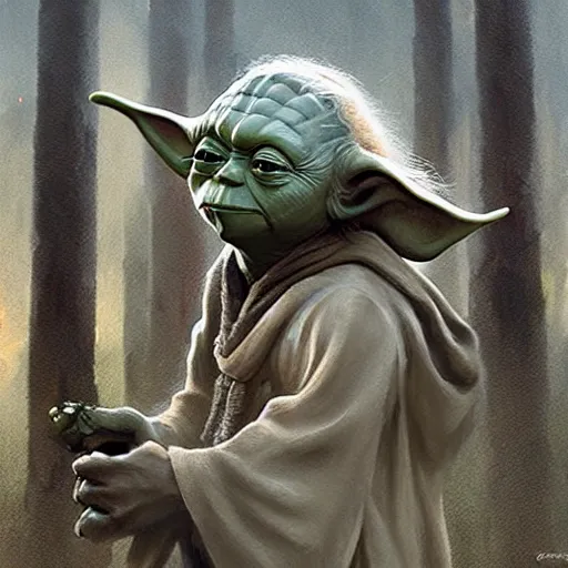 Prompt: Yoda with a mullet, matte painting by Greg Rutkowski