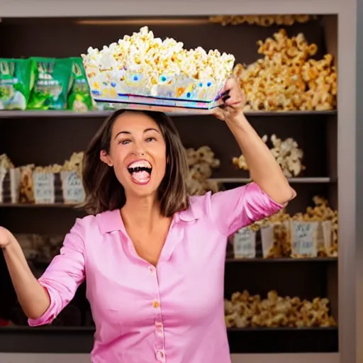 Prompt: an infomercial character unable to carry all the popcorn, popcorn overflowing their arms in a comical fashion getting everywhere uncontrollably
